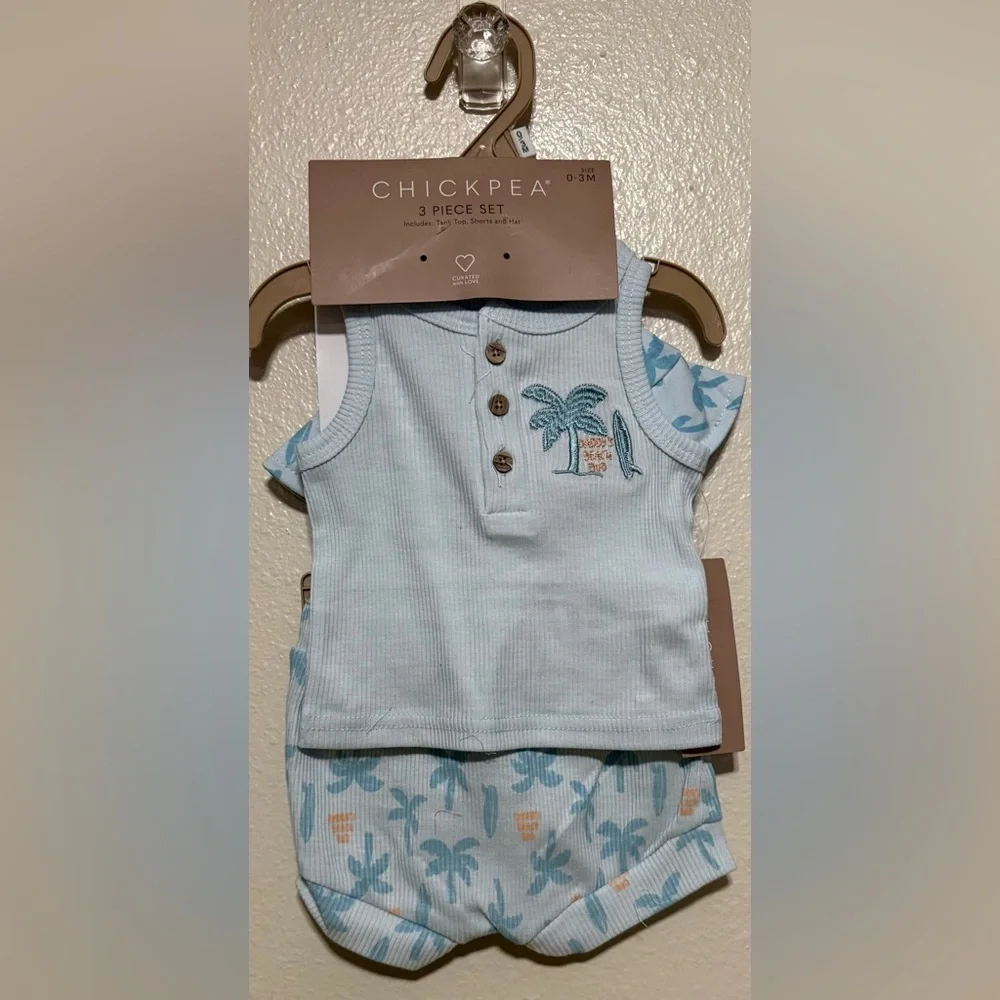 Chick Pea Daddy’s Beach Bud 3pc Baby Boy Set | Blue Palm Tree Outfit w/ Hat NWT
